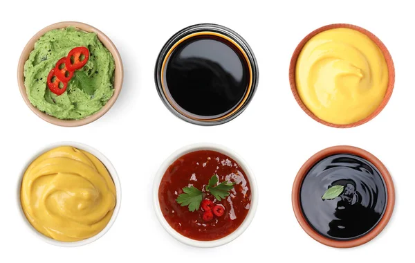 Set Guacamole Diferentes Salsas Sobre Fondo Blanco Vista Superior —  Fotos de Stock