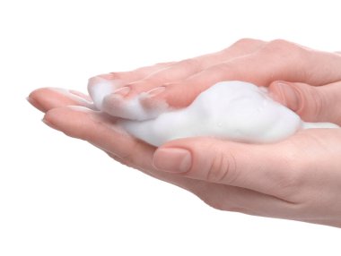 Woman with bath foam on white background, closeup