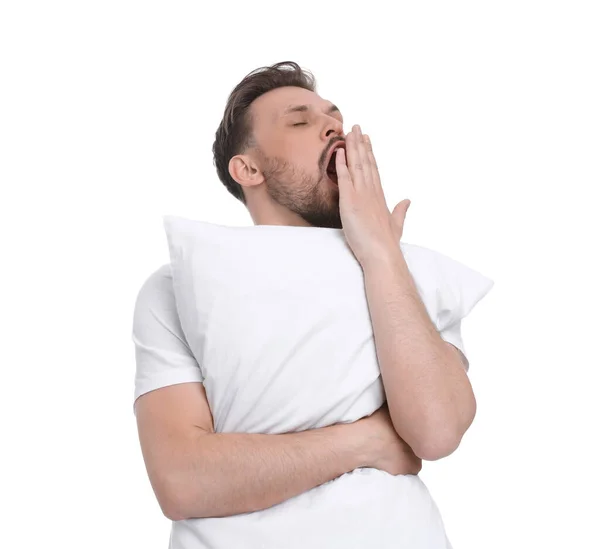 Ύπνος Άντρας Μαξιλάρι Που Χασμουριέται Λευκό Φόντο Πρόβλημα Αϋπνίας — Φωτογραφία Αρχείου
