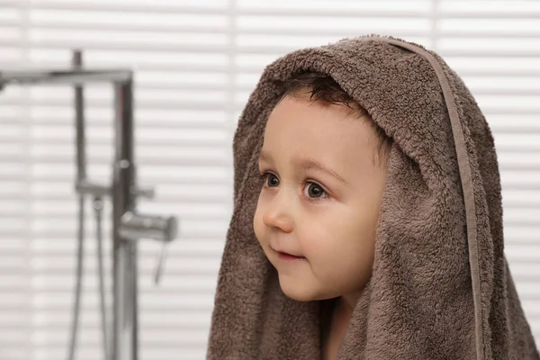 Cute Little Boy Wrapped Towel Washing Hair Bathroom Space Text — Stock Photo, Image