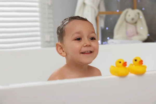 Cute Little Boy Washing Hair Shampoo Bathroom — Stock Fotó