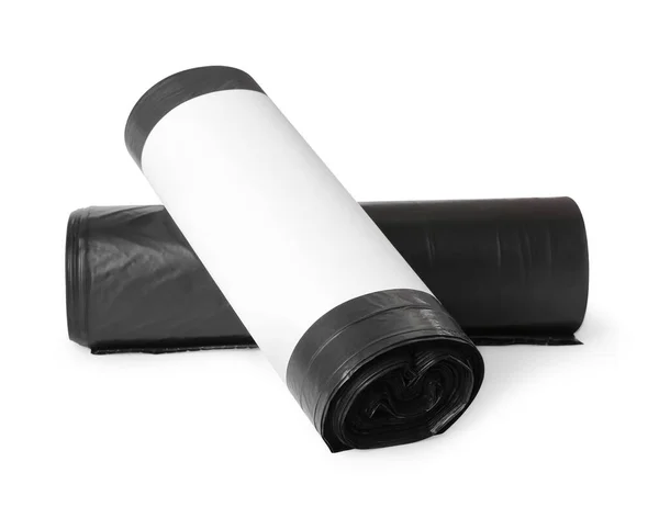 Rolos Sacos Lixo Preto Isolados Branco — Fotografia de Stock