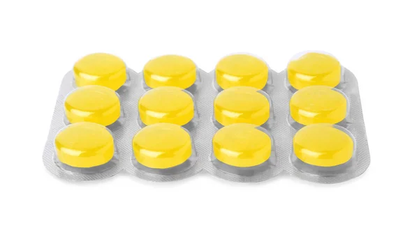 白に隔離された黄色の咳の滴とブリスター — ストック写真
