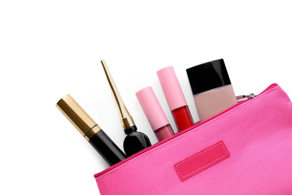 Black Eyeliner Other Makeup Products Cosmetic Bag White Background Top — Stock Photo, Image