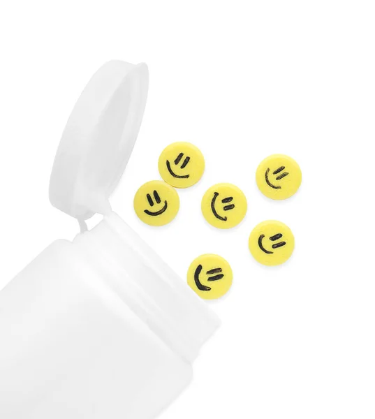 Garrafa Pílulas Antidepressivas Amarelas Com Rostos Felizes Isolados Branco Vista — Fotografia de Stock