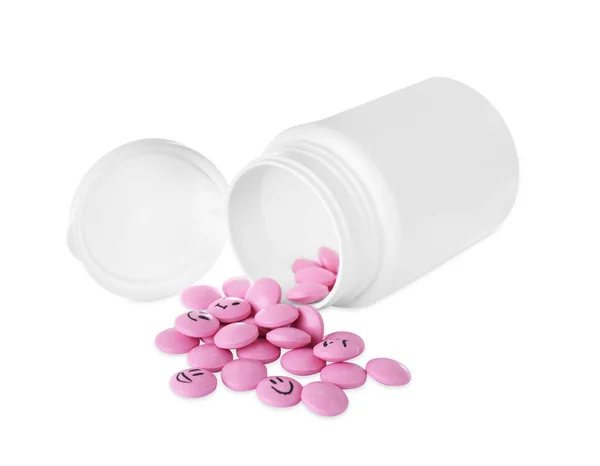 Garrafa Pílulas Antidepressivas Isoladas Branco — Fotografia de Stock