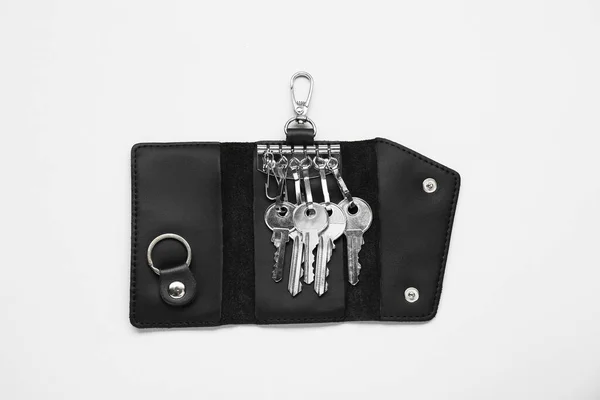 Open Leather Holder Keys Light Grey Background Top View — Stockfoto