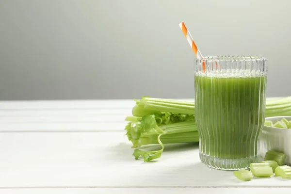 Glass Celery Juice Fresh Vegetables White Wooden Table Space Text — Stock Photo, Image