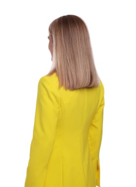 Beyaz arka planda duran iş kadını