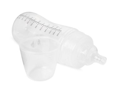 Empty feeding bottle for baby milk isolated on white