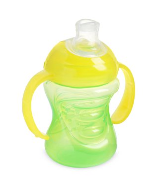 Bebek maması için boş beslenme şişesi beyaza izole edilmiş.