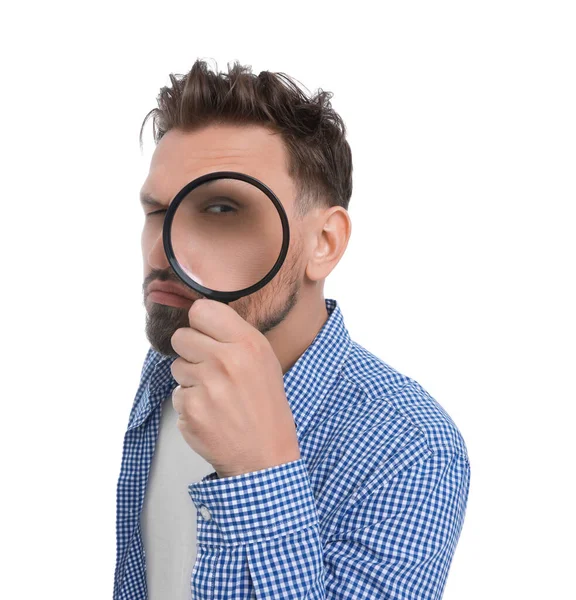 Handsome Man Looking Magnifier White Background — Stock Photo, Image