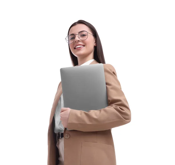 Mooie Zakenvrouw Met Laptop Witte Achtergrond Lage Hoek Uitzicht — Stockfoto