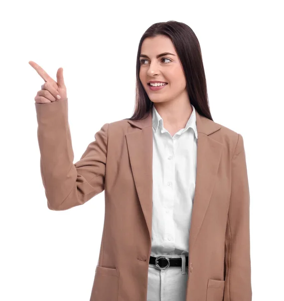 Beautiful Happy Businesswoman Pointing Something White Background — Stock Photo, Image