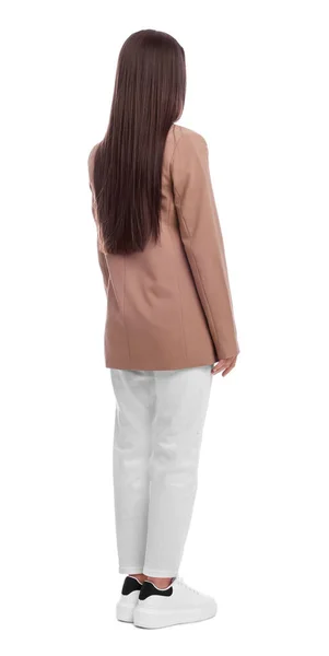 Junge Geschäftsfrau Anzug Steht Auf Weißem Hintergrund — Stockfoto