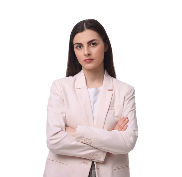 Beautiful Young Businesswoman Crossing Arms White Background — Stock Photo, Image