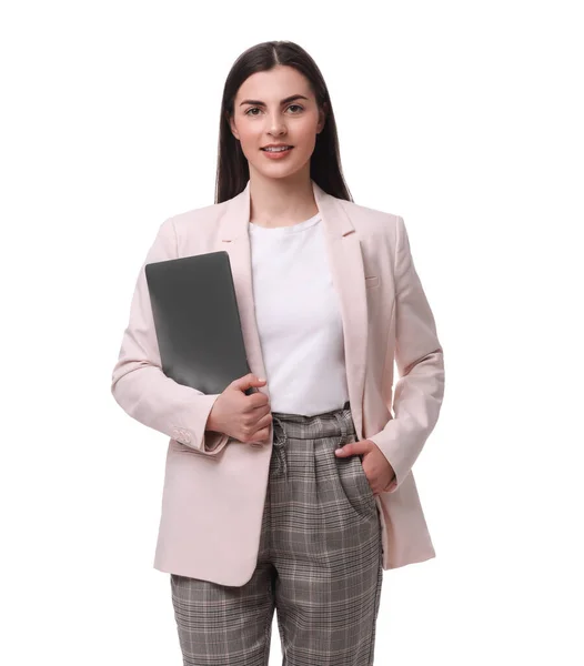 Mulher Negócios Bonita Com Laptop Fundo Branco — Fotografia de Stock