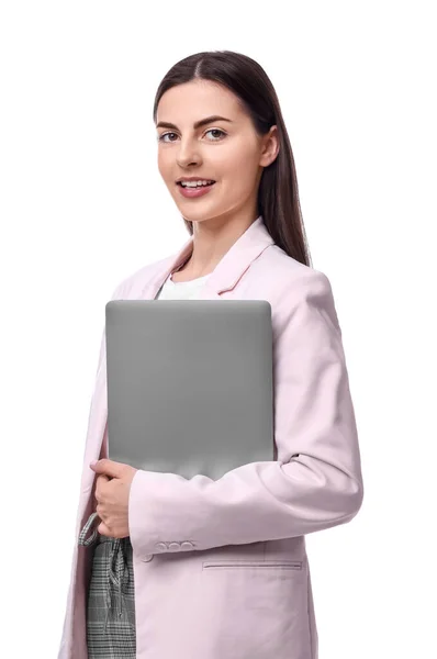 Schöne Geschäftsfrau Mit Laptop Auf Weißem Hintergrund — Stockfoto
