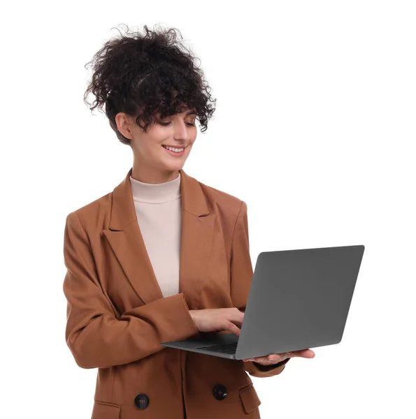 Piękny Szczęśliwy Businesswoman Pomocą Laptopa Białym Tle — Zdjęcie stockowe