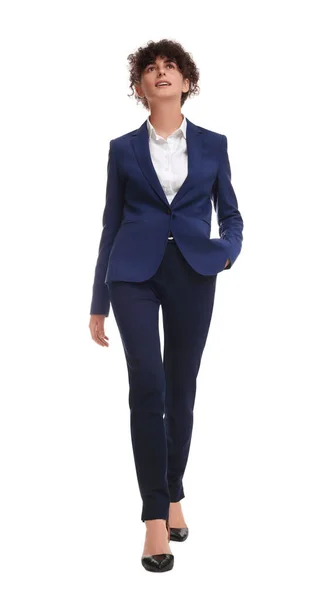 Schöne Geschäftsfrau Anzug Fuß Auf Weißem Hintergrund Niedrigen Blickwinkel — Stockfoto
