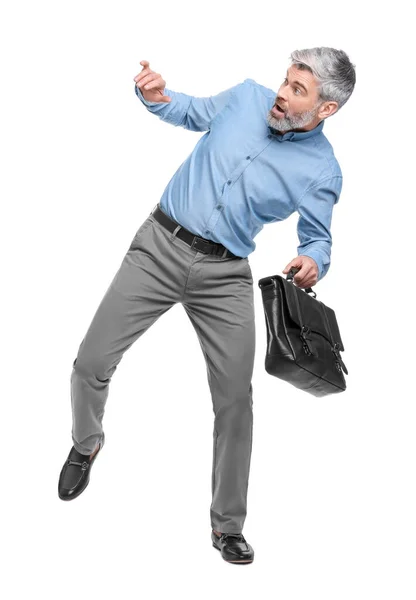 Mature businessman in stylish clothes with briefcase on white background