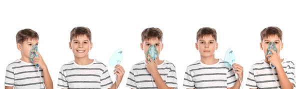 Terapia Inalatória Colagem Com Fotos Menino Usando Nebulizador Fundo Branco — Fotografia de Stock