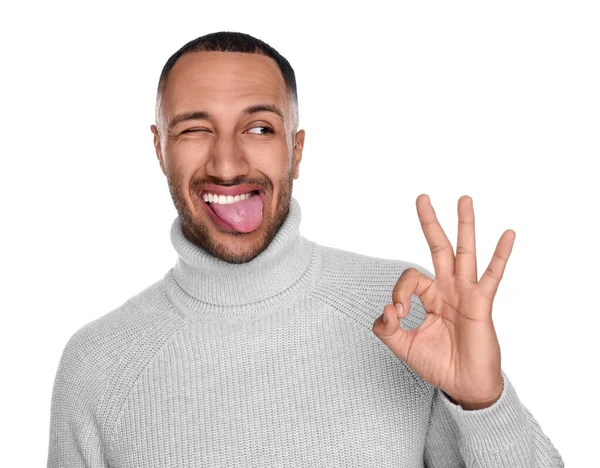 Happy Young Man Showing His Tongue Gesture White Background — Stock Photo, Image