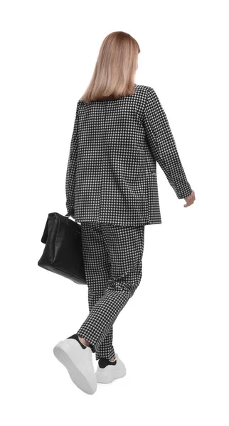 Affärskvinna Kostym Med Portfölj Promenader Vit Bakgrund Baksida — Stockfoto