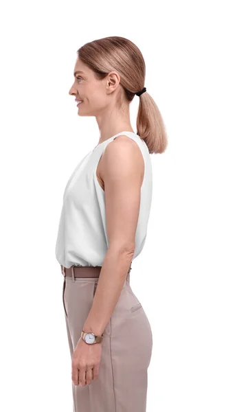 Beautiful Happy Businesswoman Posing White Background — Stock Photo, Image