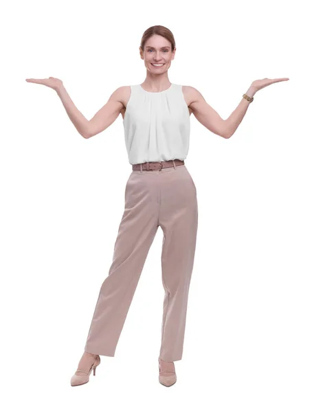 Güzel Mutlu Kadınının Beyaz Arka Planda Hoş Karşılanan Uzun Bir — Stok fotoğraf