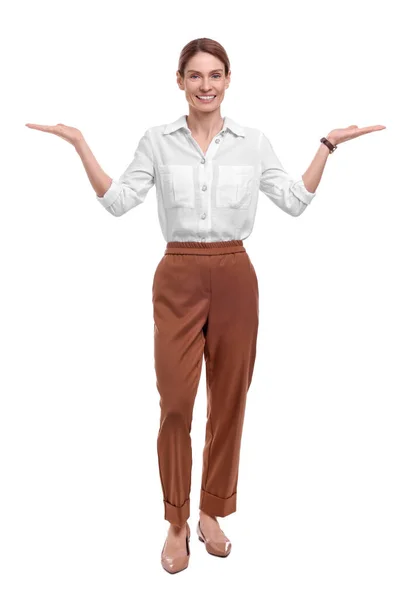 Krásné Šťastný Businesswoman Uvítání Bílém Pozadí — Stock fotografie