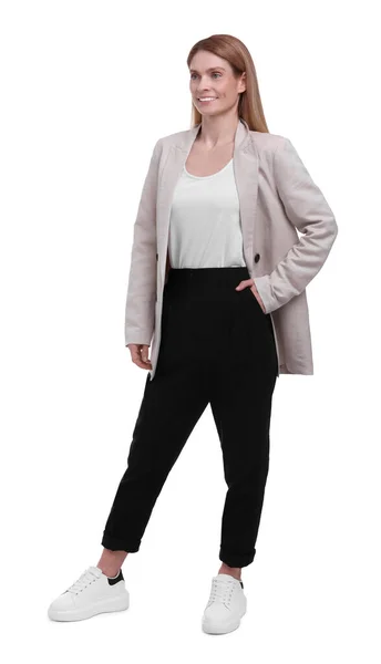Schöne Glückliche Geschäftsfrau Posiert Auf Weißem Hintergrund — Stockfoto