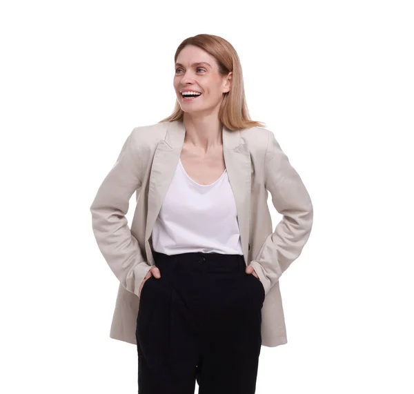 Portret Pięknej Szczęśliwej Bizneswoman Białym Tle — Zdjęcie stockowe
