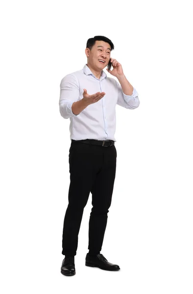 Empresário Roupas Formais Falando Telefone Contra Fundo Branco — Fotografia de Stock