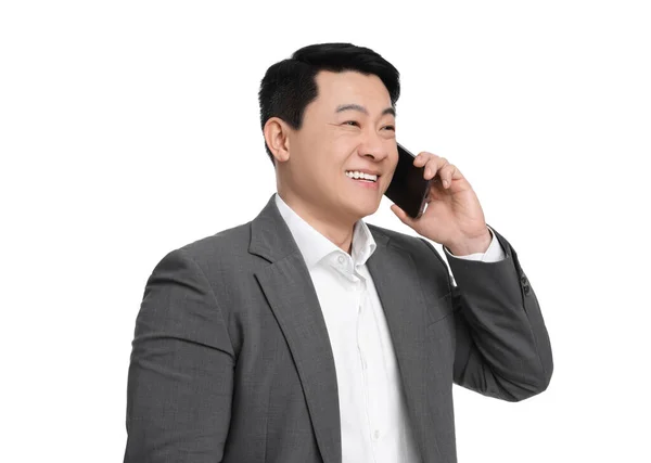 Biznesmen Garniturze Rozmawia Przez Telefon Białym Tle — Zdjęcie stockowe