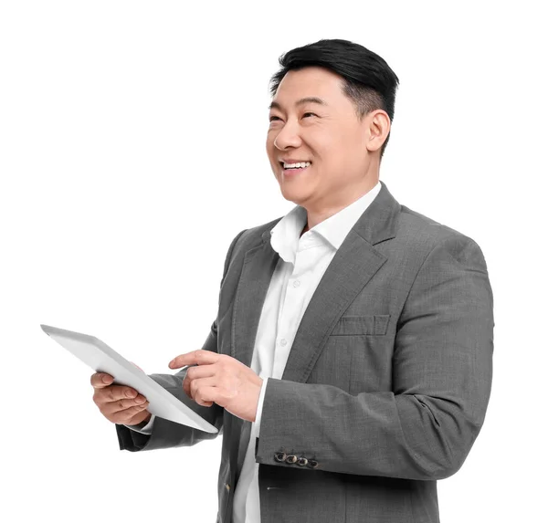 Businessman Suit Tablet White Background — Stock Photo, Image