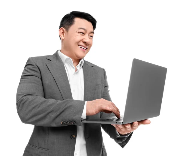 Businessman Suit Working Laptop White Background — Stock Photo, Image