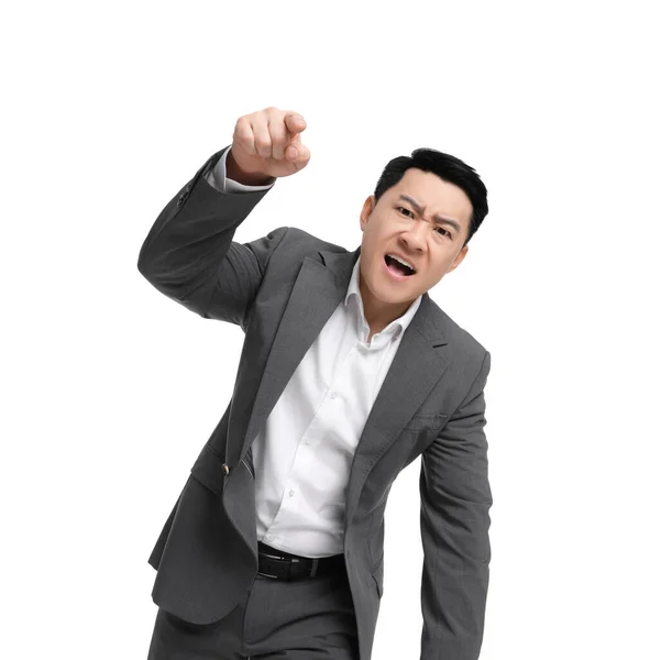 Angry Businessman Suit Screaming White Background Low Angle View — Stock Photo, Image