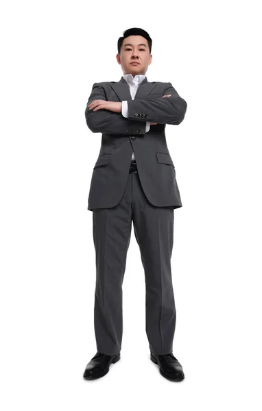 Affärsman Kostym Poserar Vit Bakgrund Låg Vinkel — Stockfoto
