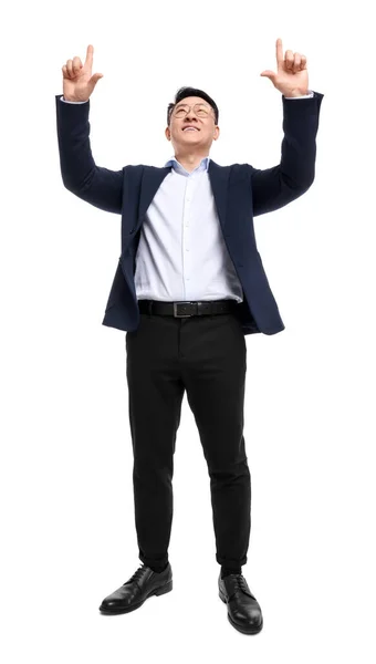 Geschäftsmann Anzug Posiert Auf Weißem Hintergrund Flache Sicht — Stockfoto