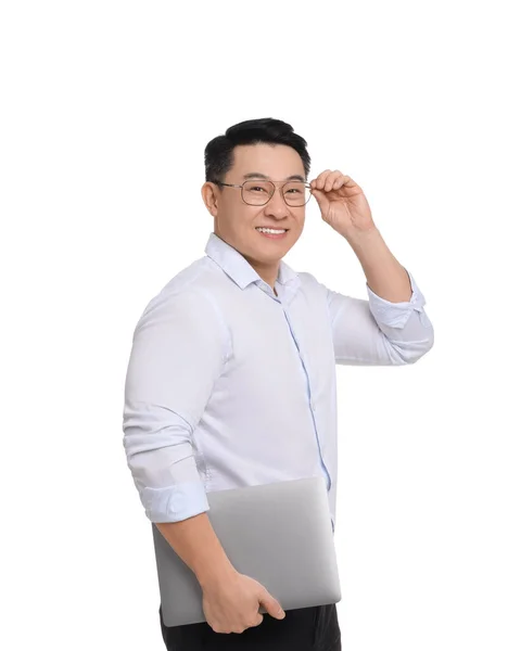Geschäftsmann Formeller Kleidung Mit Laptop Auf Weißem Hintergrund — Stockfoto