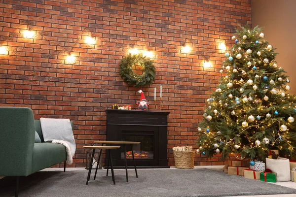 Beautiful Tree Festive Lights Christmas Decor Living Room Interior Design — Stock fotografie