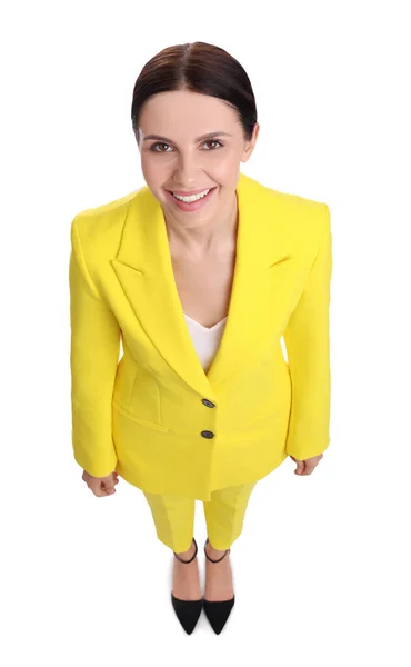 Hermosa Mujer Negocios Traje Amarillo Sobre Fondo Blanco Vista Superior —  Fotos de Stock