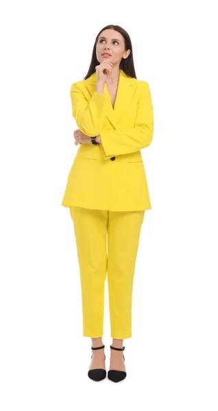 Krásná Podnikatelka Žlutém Obleku Bílém Pozadí — Stock fotografie