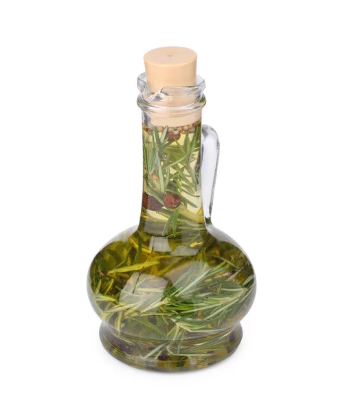 Üvegkancsó Főzőolaj Fűszerekkel Fűszernövényekkel Fehér Alapon Izolálva — Stock Fotó