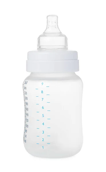 One Empty Feeding Bottle Baby Milk Isolated White — Zdjęcie stockowe
