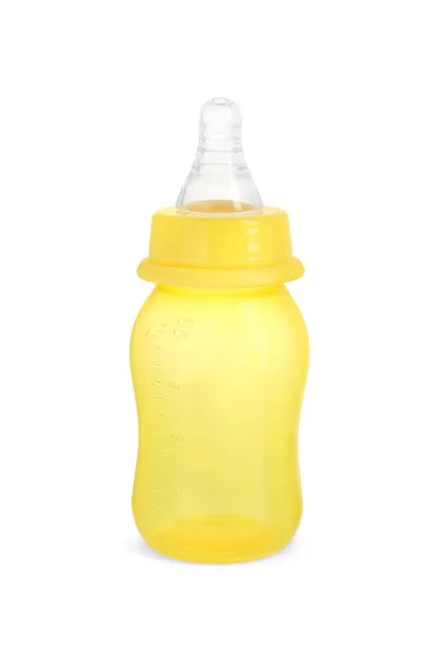 Pusta Żółta Butelka Karmienia Mleka Niemowlęcego Izolowana Białym — Zdjęcie stockowe