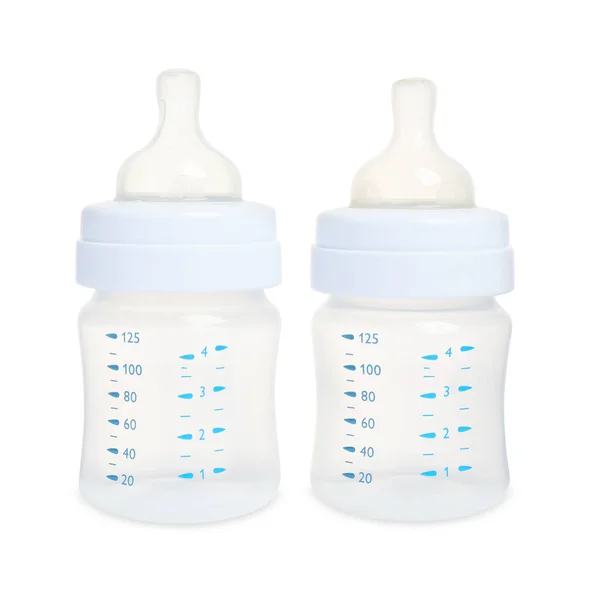 Dos Biberones Vacíos Para Leche Bebé Sobre Fondo Blanco —  Fotos de Stock