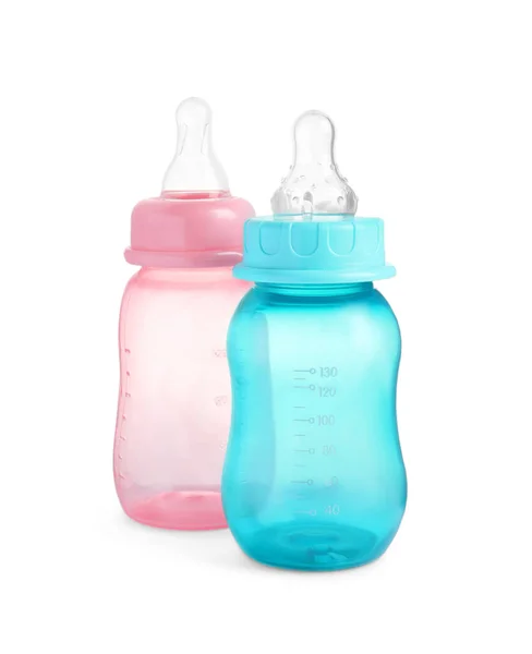 Две Пустые Кормовые Бутылки Детской Смеси Белом Фоне — стоковое фото