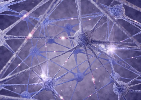 stock image Impulses traveling between neurons through axons on purple background, illustration